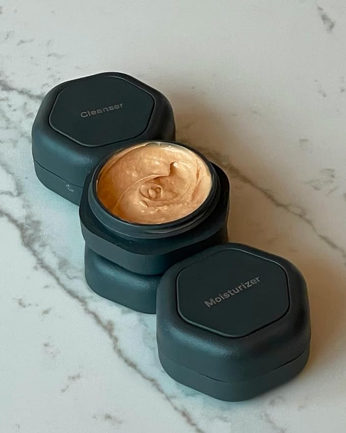 Cadence Travel Containers - Basic Skincare Set - Magnetic Travel Capsules - Facial Cleanser, Moisturizer, Sunscreen - 3 Small Capsules (0.56oz) with Cleanser, Moisturizer & Sun-Icon Label - Pacific