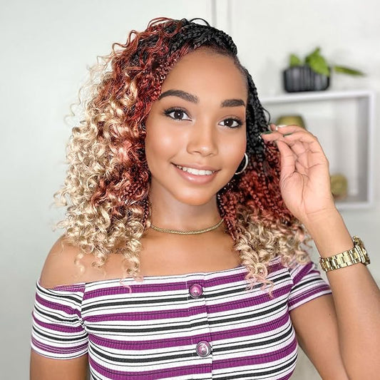 14 Inch Goddess Box Braids Crochet Hair Curly Ends 9 Packs Pre Looped Boho Crochet Box Braids Bohemian Box Braid Crochet Hair For Black Women (14Inch 9 Packs,1B/30/613)