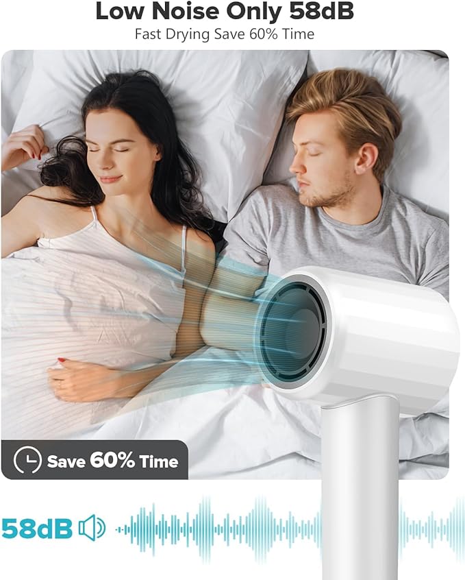 High Speed Ionic Hair Dryer with Diffuser, Professonal Blow Dryer 110,000 RPM Brushless Motor for Fast Drying, 1500W 4Temps /2Speeds, Thermo-Control Hairdryer for Women Home Travel (White)