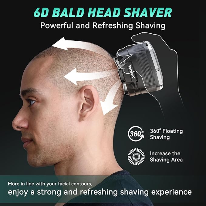 Head Shavers for Bald Men - kensen 6D Cordless Electric Razor, Waterproof Skull Shaver for Wet/Dry Use, LED Display, Type-C Charging, Close Shave - Easy to Clean, Perfect for Bald Heads and Face
