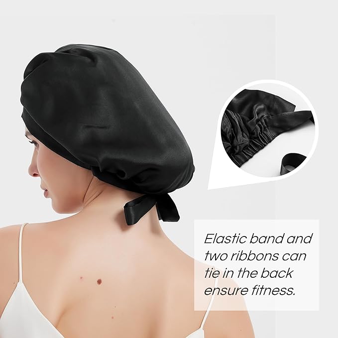 RachelSilk 100% Mulberry Silk Sleep Cap, Grade 6A 19 Momme Silk for Women Hair Care, Night Bonnet with Elastic Stay On Head, Sleep Cap After Shower, for Small -Medium Head Size (Black)