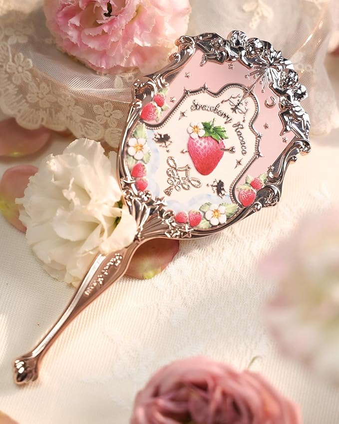 Flower Knows Strawberry Rococo Hand Mirror,Portable Vintage Handheld Mirror,Durable Metal Mirror,Cute & Aesthetic Princess Mirror,with Long Handle for Easy Holding,Gift for Girls(Soft Pink)