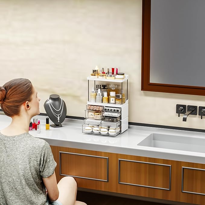 2 Pack Bathroom Organizers and Storage Countertop With 6 Drawers,Stackable Vanity Drawer Organizer,14.4" Tall Large Capacity Skin Care Organizer and Exquisite Cosmetic Storage Box,White