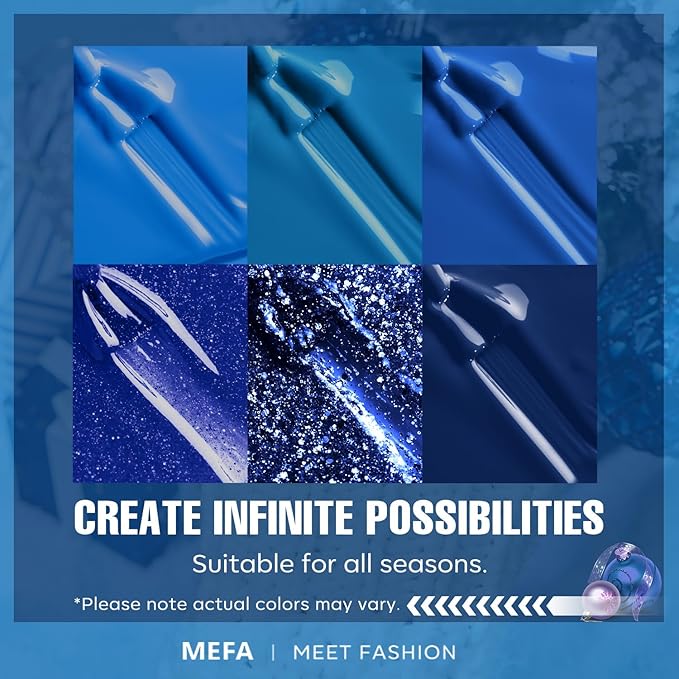 MEFA Blue Gel Nail Polish Set,6 Colors Midnight Navy Sapphire Blue Nail Polish Azure Glitter Dark Shades Starter Kit Soak Off Shimmer Gel Nail Art Design DIY Salon Manicure Holiday Gift for Women