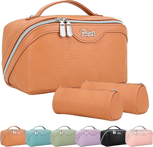 BOYATU Travel Makeup Bag Organizer Cosmetic Bag: 3 Pcs Set Make up Bags for Women with Handle - Waterproof Vegan Leather Toiletry Bags with Comparments (Orange)