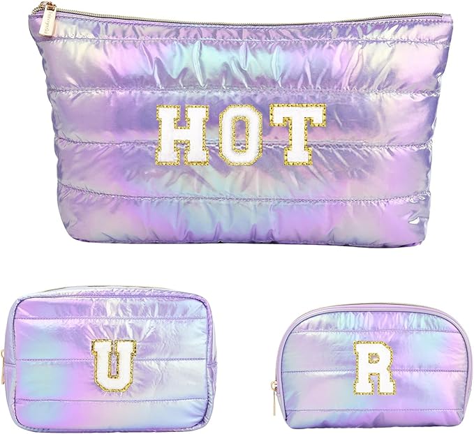 Hiroyuki Iridescent Quilted Makeup Bag, 3pcs Cosmetic Bag Set, Large Capacity Travel-Friendly Pouch (URHot, purple)