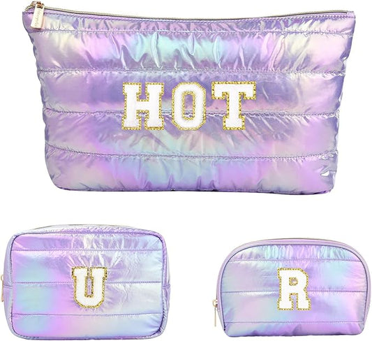 Hiroyuki Iridescent Quilted Makeup Bag, 3pcs Cosmetic Bag Set, Large Capacity Travel-Friendly Pouch (URHot, purple)