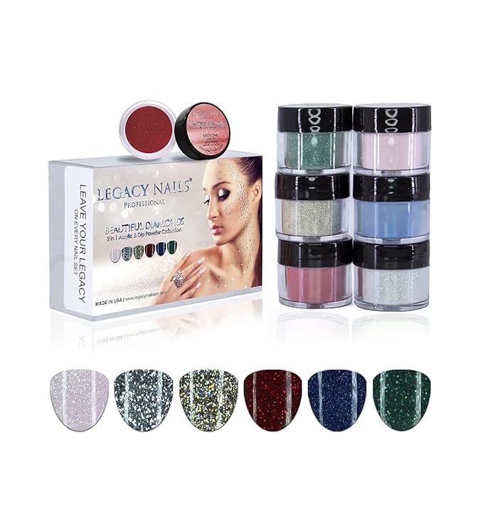 Legacy Nails Professional COLLECTION Acrylic Powder Kit 6 Colors Nail Art Set for Manicure DIY for Dip & Acrylic Nail Extensions (DIAMONDS COLLECTION)