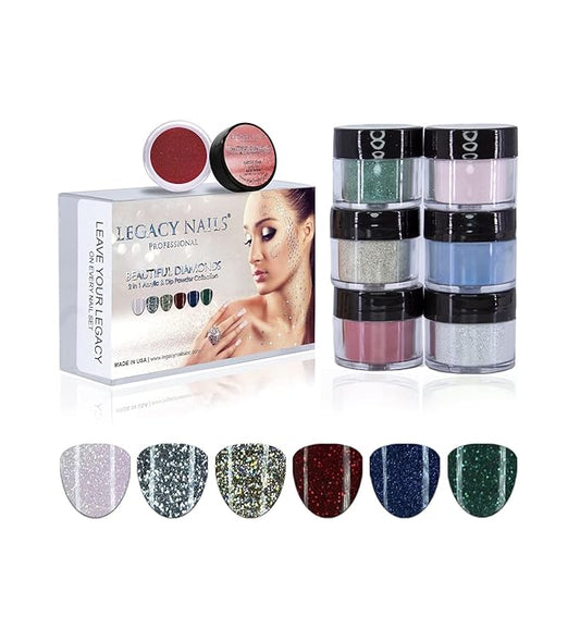 Legacy Nails Professional COLLECTION Acrylic Powder Kit 6 Colors Nail Art Set for Manicure DIY for Dip & Acrylic Nail Extensions (DIAMONDS COLLECTION)