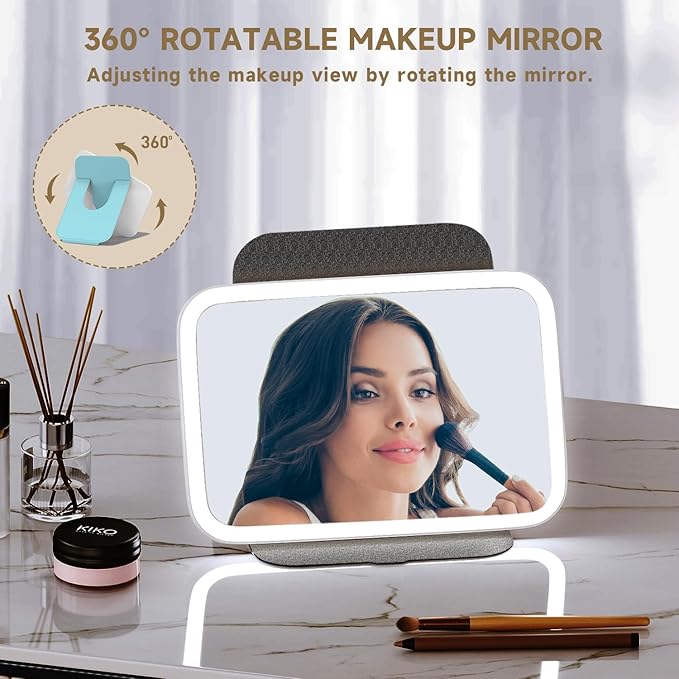 Mocado Travel Makeup Mirro with Lights, 360° Rotation Lighted Makeup Mirror, Portable Mirror with 10x Magnification, 60LEDs 3 Color Lightings, Dimmable Touch Screen, Tabletop Light up Mirror(Blue)