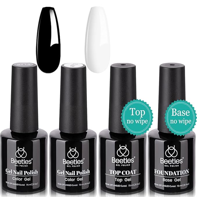 Beetles Gel Nail Polish Set- 4Pcs White Black Gel Nail Polish with No Wipe Top&Base Coat Nail Polish Set Soak Off UV LED Lamp Manicure Salon DIY at Home Gifts for Her Women