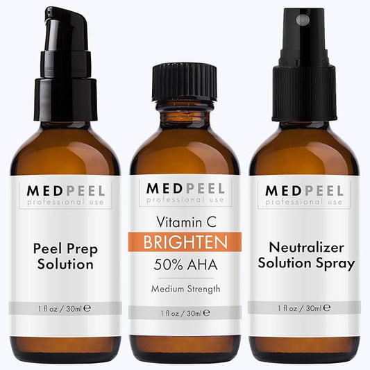 MedPeel 50% AHA & Vitamin C Brightening Essential Peel Kit, Includes Peel, Prep, Neutralizer, Medium Strength Professional Grade Chemical Face Peel, Minimize Fine Lines Wrinkles, 1oz/30ml (Kit of 3)