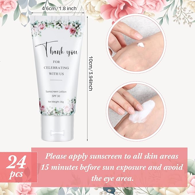 24 Pcs Mini Sunscreen Bulk for Summer Wedding Party Spf 30 Water Resistant Sunscreen Lotion Bulk 1oz Travel Size for Thank You Gifts Wedding Party Supplies(White Cream,Floral)