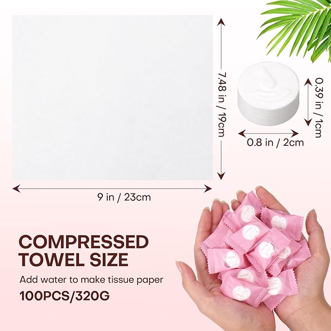 Compressed Disposable Face Towel Cleaning Kit 100pcs,Portable & Compact Travel Size Towel Wash Cloth Cotton Wipes Tablets Coin Tissue Towelettes for Hotel Camping Backpacking Hiking(Pink)