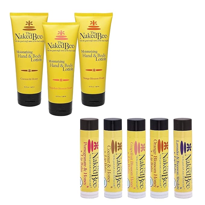 The Naked Bee Orange Blossom Honey, Grapefruit Blossom Honey and Coconut Honey, Hand & Body Lotion, 6.7 Oz - 3 Pack + Lip Balm Sampler, Coconut & Honey, Pomegranate & Honey, Grapefruit Blossom Honey