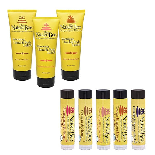 The Naked Bee Orange Blossom Honey, Grapefruit Blossom Honey and Coconut Honey, Hand & Body Lotion, 6.7 Oz - 3 Pack + Lip Balm Sampler, Coconut & Honey, Pomegranate & Honey, Grapefruit Blossom Honey