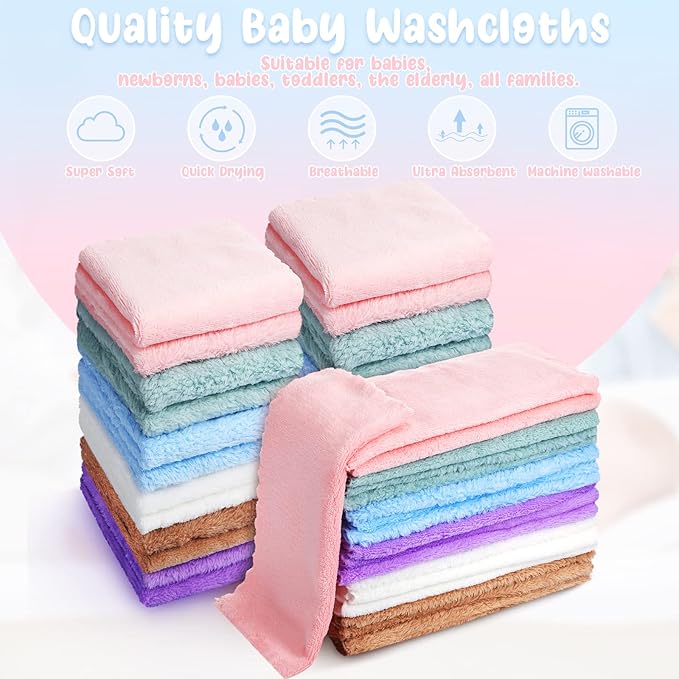 Chumia 96 Pack Baby Washcloths Bulk 10 x 10 Inch Soft Microfiber Coral Fleece Baby Face Towels Absorbent Wash Cloths for Newborn and Toddler,Gentle on Sensitive Skin for Face Body(Multicolor)