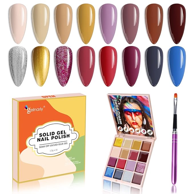 Gel Nail Polish Set Manicure Palette, 16 Colors Popular Classic Solid Gel Polish Pudding Gel Soak Off LED Nail Art Kit Salon DIY Home, with Pro Nail Brush