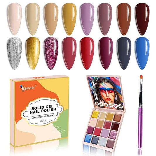 Gel Nail Polish Set Manicure Palette, 16 Colors Popular Classic Solid Gel Polish Pudding Gel Soak Off LED Nail Art Kit Salon DIY Home, with Pro Nail Brush