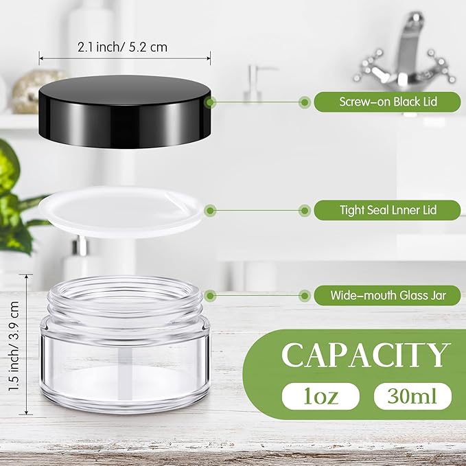 Domensi 60 Pcs 1oz Glass Jars with Lids Bulk Salve Tins Small Glass Candle Cosmetic Jars for Travel with Inner Liners Containers for Lotions Sample Cream(Clear, Black Lid)