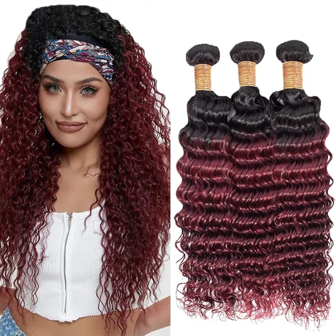 Deep Wave Bundles Burgundy Human Hair 1B99j Loose Deep Wave Bundles Black Mixed With 99j Two Tone Brazilian Human Hair Extensions Wet and Wavy Soft Silky for Black Women 22 24 26 Inch