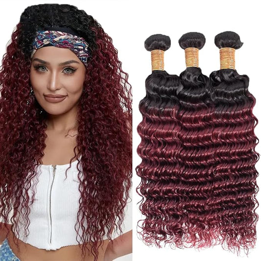 Deep Wave Bundles Burgundy Human Hair 1B99j Loose Deep Wave Bundles Black Mixed With 99j Two Tone Brazilian Human Hair Extensions Wet and Wavy Soft Silky for Black Women 22 24 26 Inch