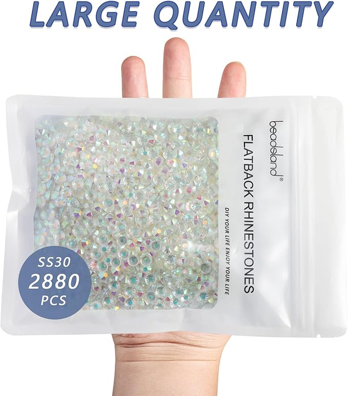 Beadsland Flatback Rhinestones Bulk, 2880pcs Crystal Rhinestones for Nails Crafts Clothes DIY Decoration, Transparent AB, SS30, 6.3-6.5mm