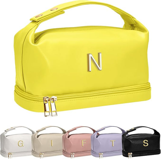 Cute Gifts for Women, Personalized Makeup Bag with Handle, Initial Double Layer Cosmetic Bag with Makeup Brush Organizer, Cute Cosmetic Pouch for Women, Gifts for Friends Female Mom