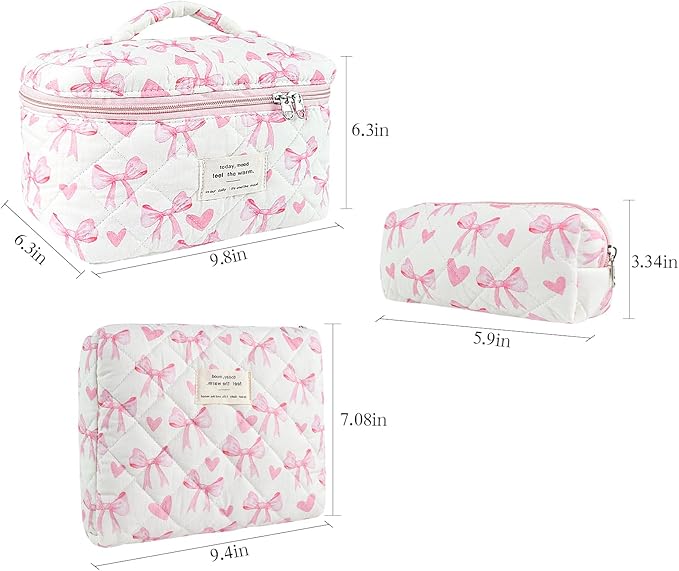3Pcs Makeup Bag Cotton Quilted Travel Cosmetic Bag Cute Floral Makeup Pouch Large Toiletry Bag for Women Girls (Bow-Pink5)