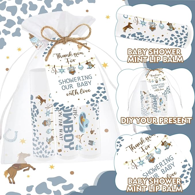 50 PCS Baby Shower Cowboy Lip Balm Bulk Neutral Gender Reveal Boys Girls Games Baby Shower Favors Gifts for Guests Moisturizing Lip Care Cowboy Themed Birthday Party Supplies Decorations