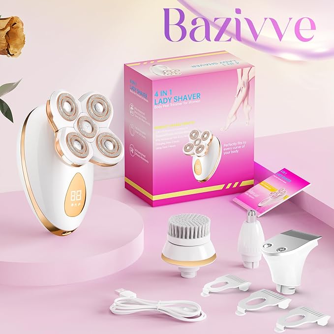 Electric Razors for Women - Painless Body Shavers for Sensitive Skin - 4 in 1 Cordless Lady Trimmer for Women's Leg, Bikini and Face - Waterproof Wet/Dry Remover, Rechargeable, Gold