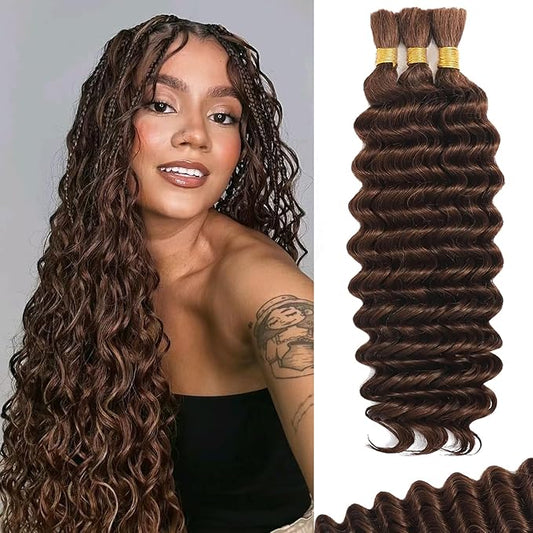 Human Braiding Hair For Boho Braids Deep Water Wave Human Bulk Hair for Braiding 12A Brazilian Virgin Human Hair Extensions for Boho Braids 3 Bundles/Pack 110g Chocolate Brown 14inch