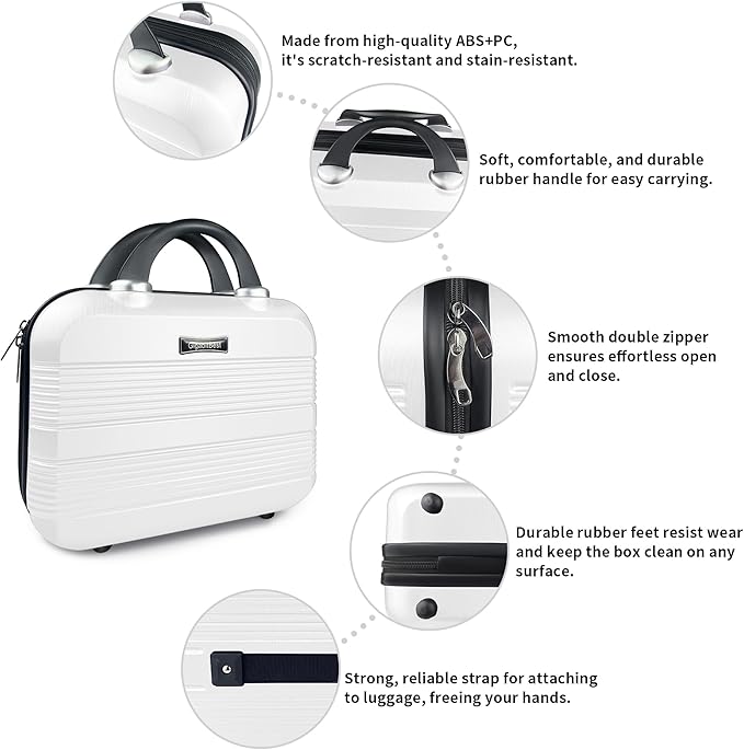 14" Portable Hard Shell Makeup Travel Case - Stylish PC+ABS Cosmetic Organizer for Women - Scratch-Resistant, Elastic Strap, Mini Suitcase - Perfect for Romantic Gifts（Arctic White）