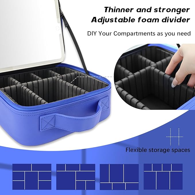 Travel Makeup Bag with LED Lighted Mirror,Cosmetics Organizer, Makeup Bag with 3 Color Lighted Setting, Portable Storage and Adjustable Dividers Travel Makeup Bag(dark blue)