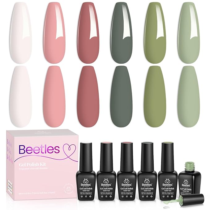 Beetles Gel Nail Polish, 6 Colors Sage Green Tranquil Grace Collection Pink Olive Green White UV Gel Nail Polish Manicure Art Design Gifts for Women