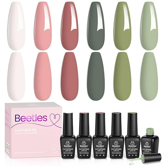 Beetles Gel Nail Polish, 6 Colors Sage Green Tranquil Grace Collection Pink Olive Green White UV Gel Nail Polish Manicure Art Design Gifts for Women