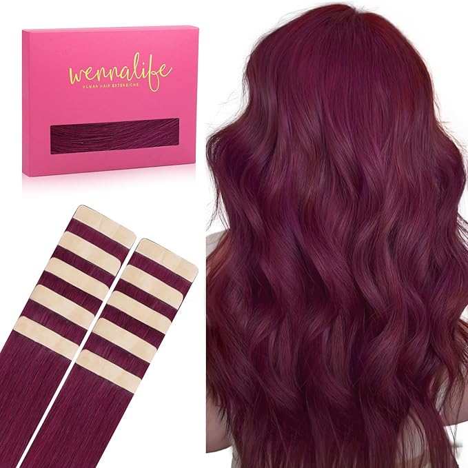 WENNALIFE Tape in Hair Extensions Human Hair Light Burgundy Tape in Extensions, 10pcs 20g 10 inch Remy Invisible Tape Ins Straight Colored Soft Real Human Hair Tape in Extensions Refill Set Extensions