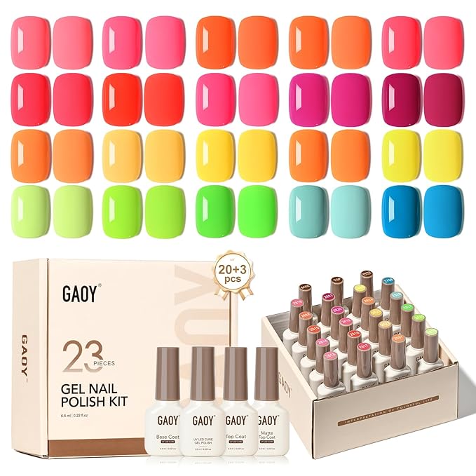 GAOY 23 Pcs Gel Nail Polish Kit, Bright Neon Rainbow Colors UV Gel Nail Polish Set with Glossy & Matte Top Coat and Base Coat for Nail Art DIY Kit