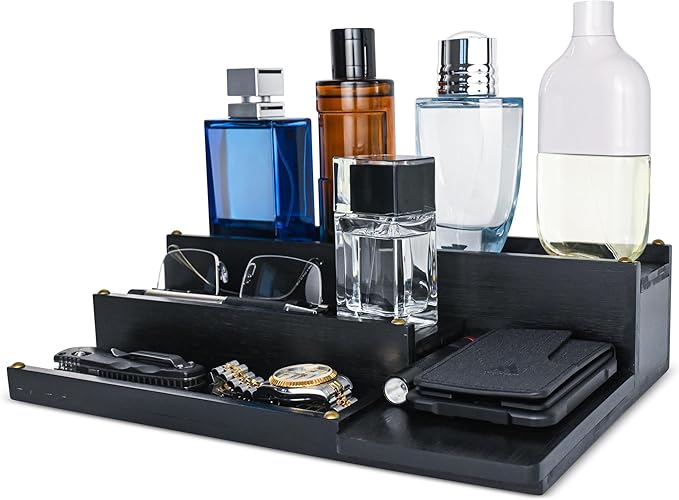 Cologne Organizer for Men, Bamboo Wood 4 Tier Display Stand with 2 Hidden Compartments, Perfume, Vanity, Dresser, EDC Organizer, Rustic Black