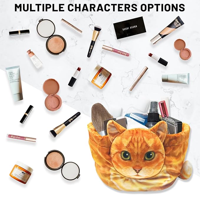 Drawstring Makeup Bag, Cat Makeup Bag, Travel Makeup Organizer, Cosmetic Pouch Bag, Cat Gift for Women, Lay Flat Makeup Bag Gifts for Cat Lovers(2-Pack, Black and orange