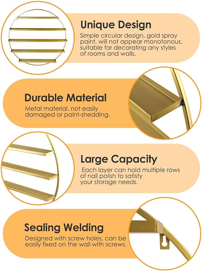 EBANKU 6PCS Metal Wall-mounted Nail Polish Storage Racks, 5 Tiers Round Display Rack Cosmetic Display Case Lipstick Perfume Wall Shelf Essential Oil Organizer for Home Spa Nail Salon Shop