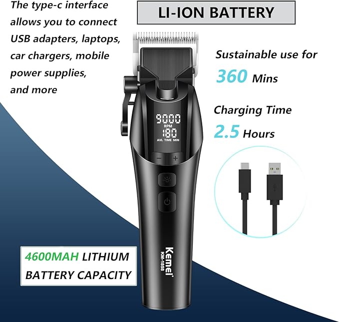 KEMEI 1858 Professional Hair Clippers for Men, Rechargeable Barber Clipper for Hair Cutting, Cordless Hair Trimmer with LED Display & 5-Speed Adjustable Settings, Gifts for Men