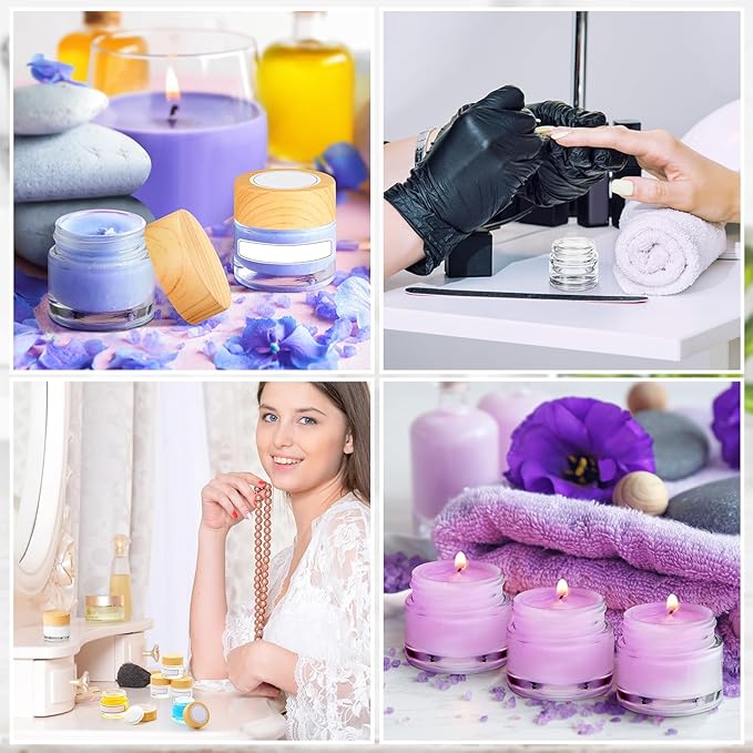 Layhit 24 Pcs Glass Jars with Lids Clear Small Jars with Plastic Woodgrain Lids, White Labels and Inner Liners Empty Round Cosmetic Containers for Creams Lotions Powder Candle Making (0.34oz/ 10ml)