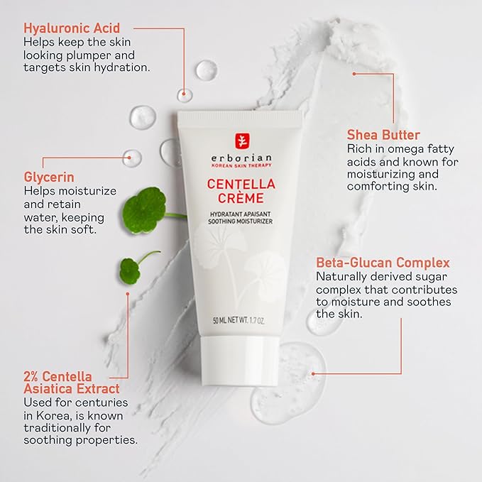 Erborian Face Moisturizer Cream Centella Cream - Ultra Light-Weight Facial Moisturizing Cream with Shea Butter, Hyaluronic Acid, Glycerin & Beta Glucan - Soothes & Hydrates Skin - All Skin Types, 50ml