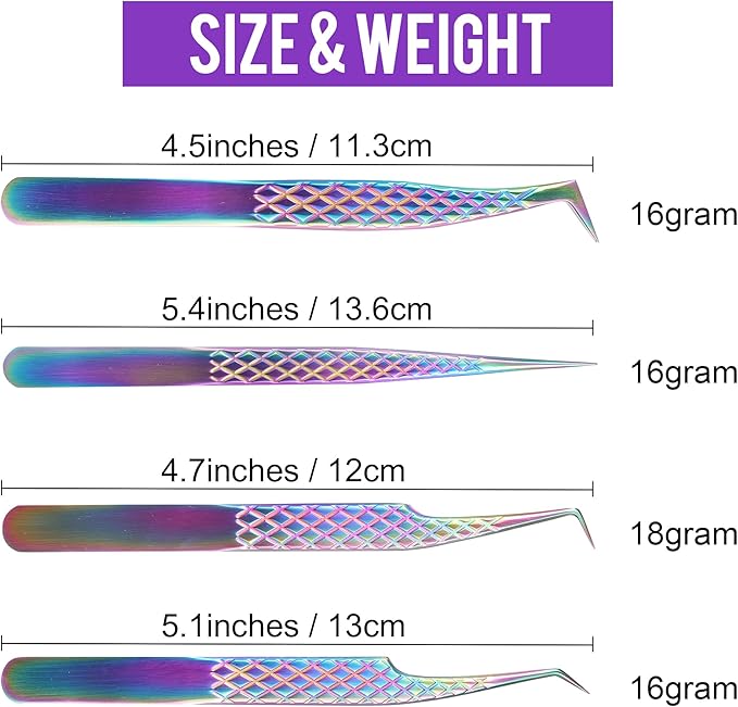 Fiber Tip Lash Tweezers For Eyelash Extension 4 Pcs Tweezers Professional Artist Tech Work Kit Tools,Best Volume Eyelash Lashes Extensions Precision Supplies Volume Boot 90 45 Degree(Multi)