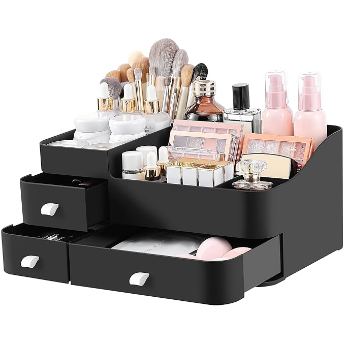 ONXE Makeup Organizer With Drawers,Large Countertop Storage for Cosmetics Elegant Vanity Holder for Brushes, Eyeshadow, Lotions, Lipstick, Nail Polish and Jewelry (black)