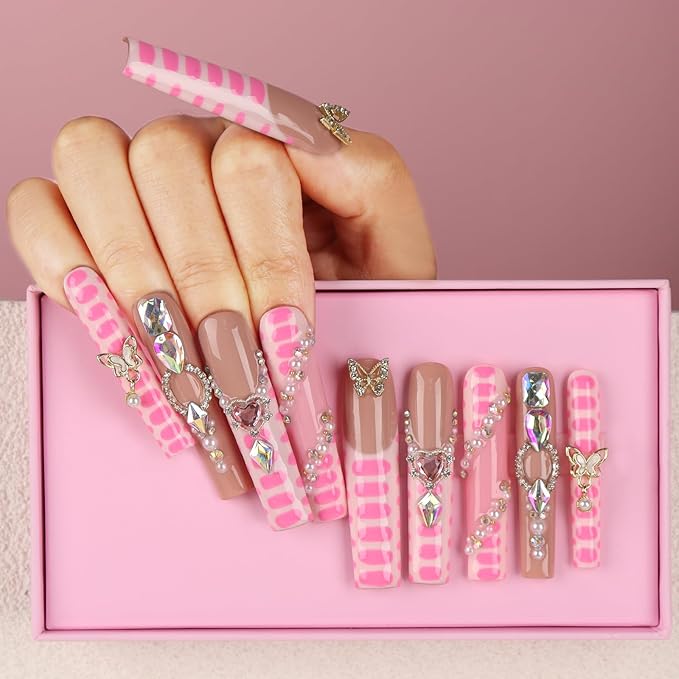 Handmade Press on Nails Pink Party, Extra Long Acrylic Nail Tips Colorful Crystal Luxury Diamond, Long Square Nails False Nails, Gifts for Women, Reusable Stick On Nails 10Pcs, Size S