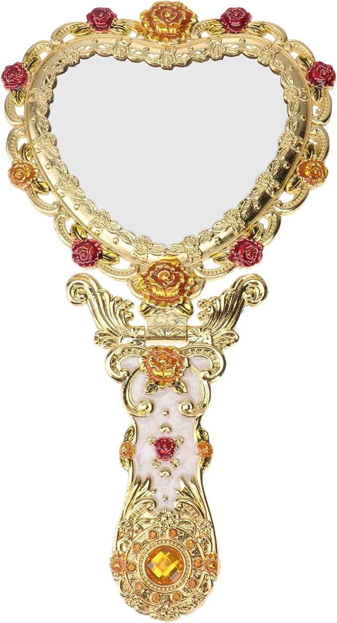 Beaupretty Hand Mirror Vintage Handheld Mirror Heart Shaped Travel Mirror Salon Barber Hairdressing Mirror Cosmetic Mirror for Pocket Purse Birthday Golden