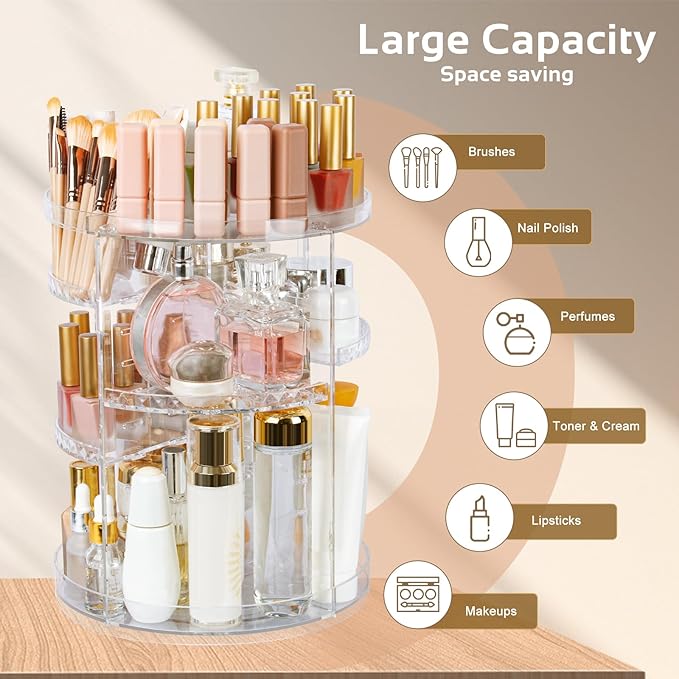 Boxalls Makeup Organizer Rotating Large Capacity, 360 Makeup Carousel with Brush Compartment, Clear Skincare Cosmetic Spinning Organizer with 7 Layers for Countertop Vanity Bathroom Bedroom