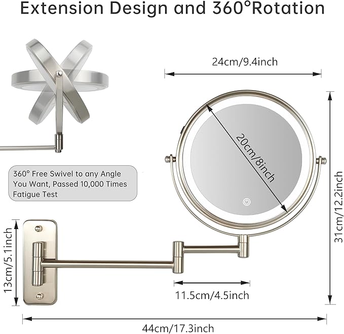 JANEEVA 8" Wall Mounted Lighted Makeup Mirror,Rechargeable Double Sided 1X/10X Magnifying Mirror with 3 Color Lights,Touch Dimmable Bathroom Vanity Mirror with 360°Swivel Extendable Arm Brushed Nickel